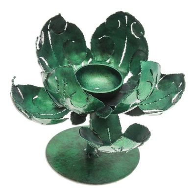 Alternate image for Green Lotus-Themed Iron Tealight Candleholder from Thailand Vitality Lotus