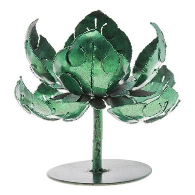 Alternate image for Green Lotus-Themed Iron Tealight Candleholder from Thailand Vitality Lotus
