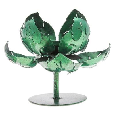 Alternate image for Green Lotus-Themed Iron Tealight Candleholder from Thailand Vitality Lotus