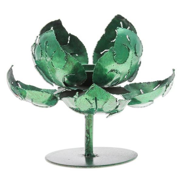 Alternate image for Green Lotus-Themed Iron Tealight Candleholder from Thailand Vitality Lotus
