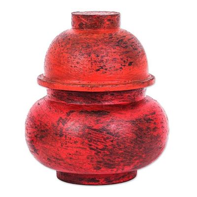 Alternate image for Antiqued Red Wood Decorative Jar Handmade in Thailand Chinese Red