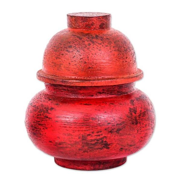 Alternate image for Antiqued Red Wood Decorative Jar Handmade in Thailand Chinese Red