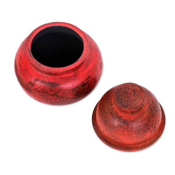 Alternate image for Antiqued Red Wood Decorative Jar Handmade in Thailand Chinese Red