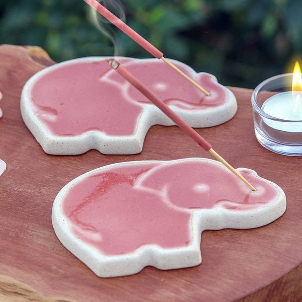 Alternate image for Handcrafted Elephant-Shaped Pink Incense Holders Pair Pink Elephant