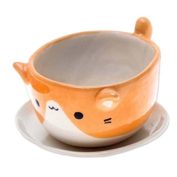 Alternate image for Ceramic Cat Mini Flower Pot with Saucer in Ivory and Orange Kitty Energy