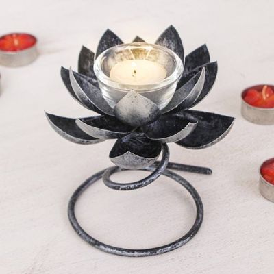 Alternate image for Steel Iron Lotus Flower Tealight Holder in Silver Black Lotus Flame