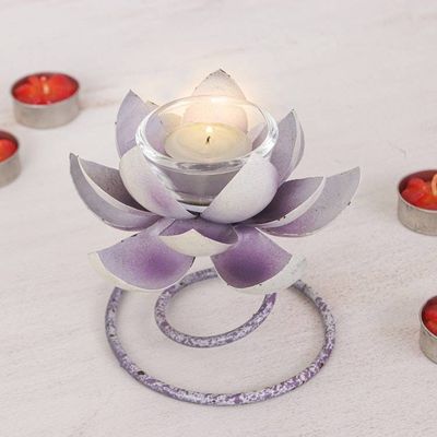 Alternate image for Handmade Steel Iron Lotus Flower Tealight Holder in Purple Lotus Flame in Purple