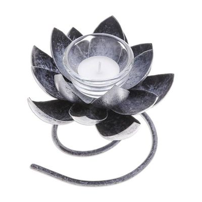 Alternate image for Steel Iron Lotus Flower Tealight Holder in Silver Black Lotus Flame