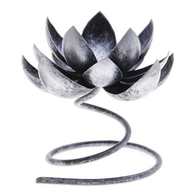 Alternate image for Steel Iron Lotus Flower Tealight Holder in Silver Black Lotus Flame