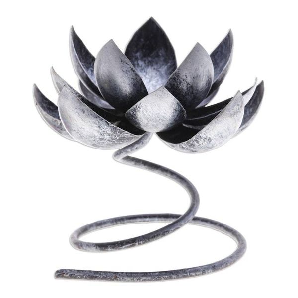Alternate image for Steel Iron Lotus Flower Tealight Holder in Silver Black Lotus Flame