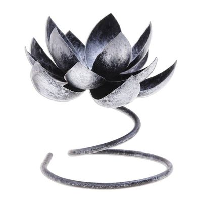 Alternate image for Steel Iron Lotus Flower Tealight Holder in Silver Black Lotus Flame