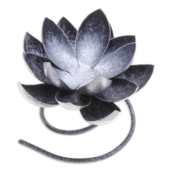 Alternate image for Steel Iron Lotus Flower Tealight Holder in Silver Black Lotus Flame