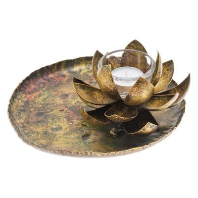 Alternate image for Thai Antiqued Lotus-Themed Iron Tealight Candleholder Lotus in the Forest