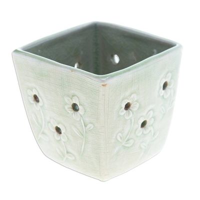 Alternate image for Celadon Ceramic Mini Planter with Floral Motif in Green Green Little Garden