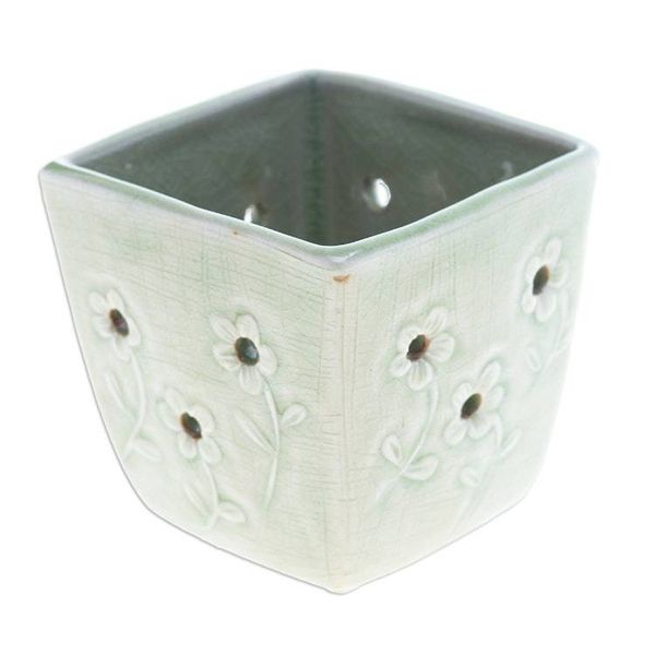 Alternate image for Celadon Ceramic Mini Planter with Floral Motif in Green Green Little Garden