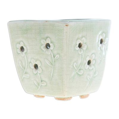 Alternate image for Celadon Ceramic Mini Planter with Floral Motif in Green Green Little Garden