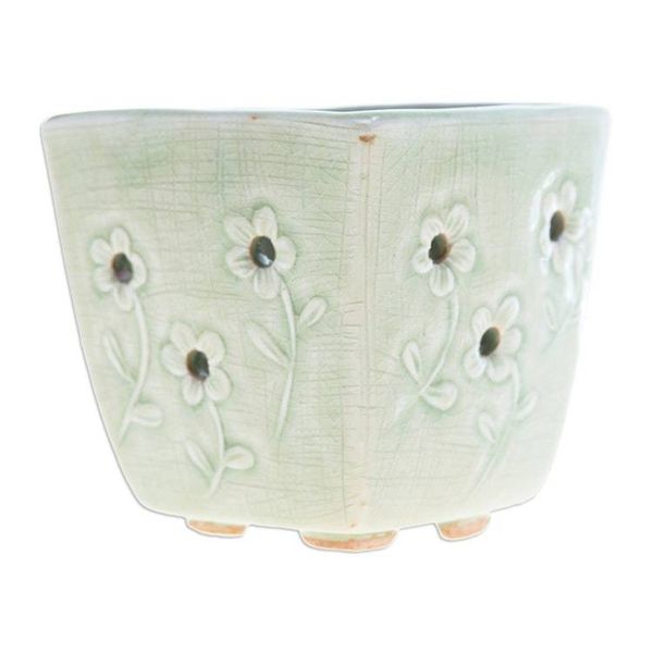 Alternate image for Celadon Ceramic Mini Planter with Floral Motif in Green Green Little Garden