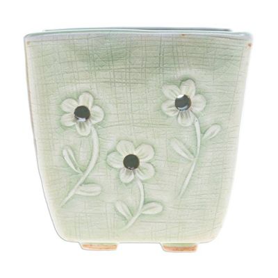 Alternate image for Celadon Ceramic Mini Planter with Floral Motif in Green Green Little Garden
