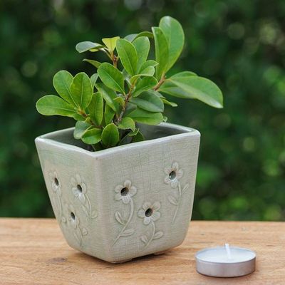 Alternate image for Celadon Ceramic Mini Planter with Floral Motif in Green Green Little Garden