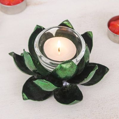 Alternate image for Handcrafted Steel Lotus Flower Tealight Holder in Green Precious Lotus in Green