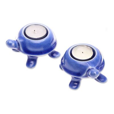 Alternate image for Handmade Turtle Ceramic Candleholders in a Blue Hue Pair Blue Guide
