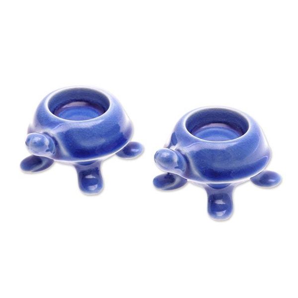 Alternate image for Handmade Turtle Ceramic Candleholders in a Blue Hue Pair Blue Guide