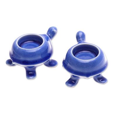 Alternate image for Handmade Turtle Ceramic Candleholders in a Blue Hue Pair Blue Guide