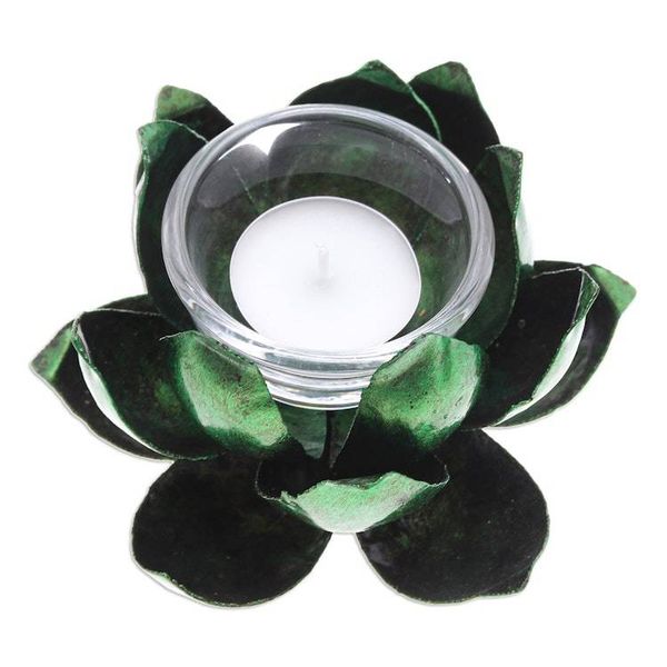 Alternate image for Handcrafted Steel Lotus Flower Tealight Holder in Green Precious Lotus in Green