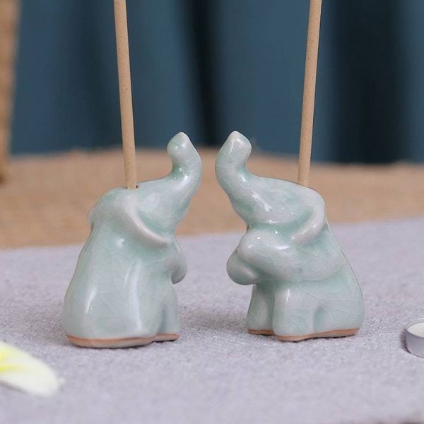 Alternate image for Pair of Elephant-Shaped Celadon Ceramic Incense Holders Elephant Enchantment