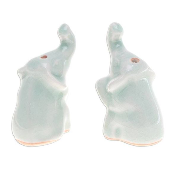 Alternate image for Pair of Elephant-Shaped Celadon Ceramic Incense Holders Elephant Enchantment
