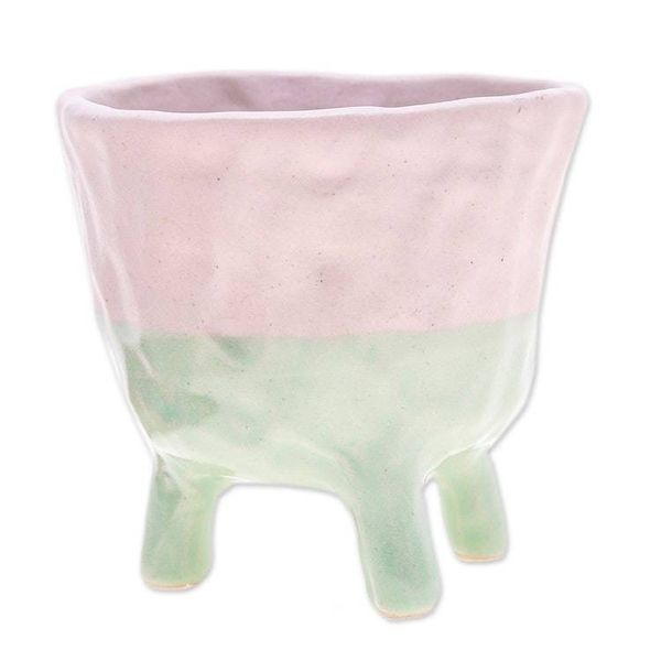 Alternate image for Hand-Painted Ceramic Flower Pot in Pink and Green Tones Pink Roots