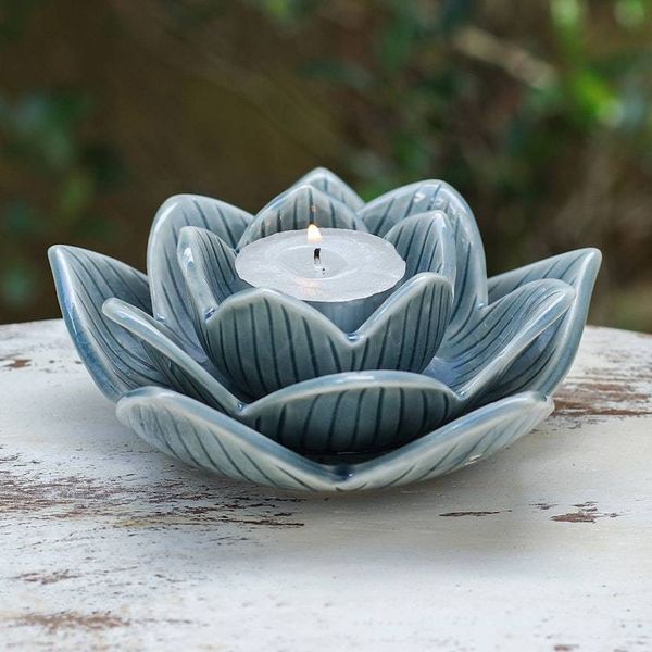 Alternate image for Lotus-Shaped Celadon Ceramic Tealight Candleholder in Blue Blooming Lotus in Blue