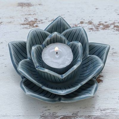 Alternate image for Lotus-Shaped Celadon Ceramic Tealight Candleholder in Blue Blooming Lotus in Blue