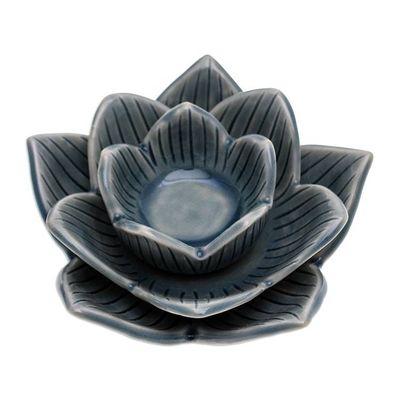 Alternate image for Lotus-Shaped Celadon Ceramic Tealight Candleholder in Blue Blooming Lotus in Blue