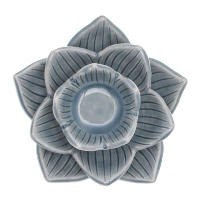 Alternate image for Lotus-Shaped Celadon Ceramic Tealight Candleholder in Blue Blooming Lotus in Blue