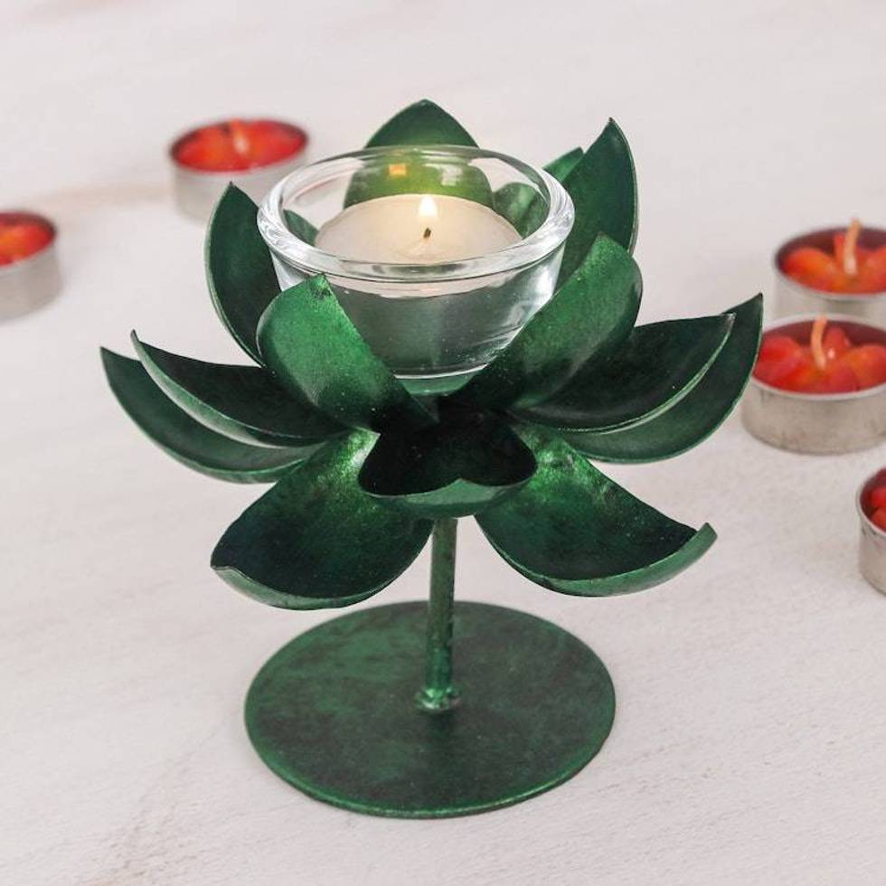 Handmade Lotus-Shaped Metallic Green Steel Tealight Holder 'Lotus Benison in Green'