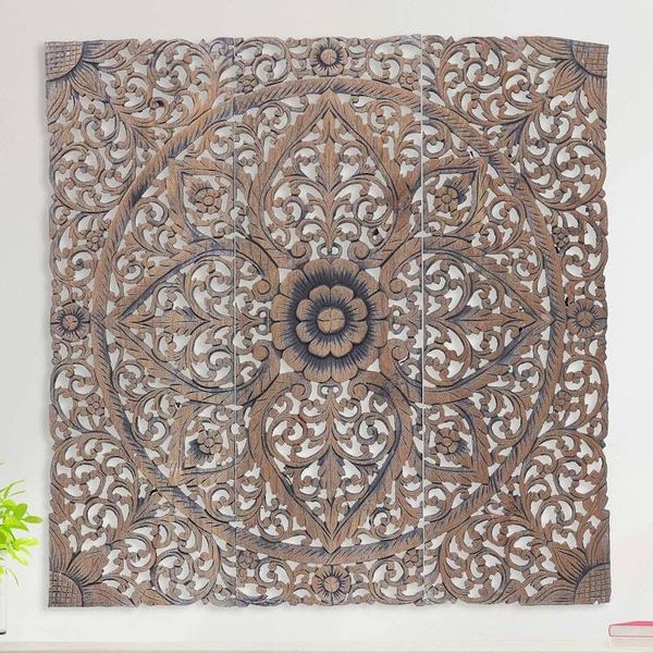 Alternate image for 3 Reclaimed Teak Wood Relief Panels Hand-carved in Thailand Flora Charm