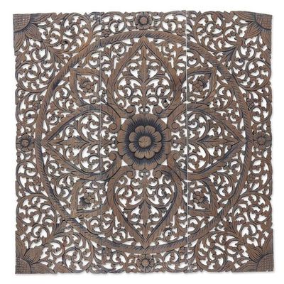 Alternate image for 3 Reclaimed Teak Wood Relief Panels Hand-carved in Thailand Flora Charm