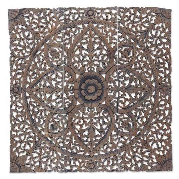 Alternate image for 3 Reclaimed Teak Wood Relief Panels Hand-carved in Thailand Flora Charm