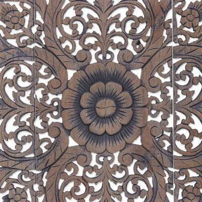 Alternate image for 3 Reclaimed Teak Wood Relief Panels Hand-carved in Thailand Flora Charm