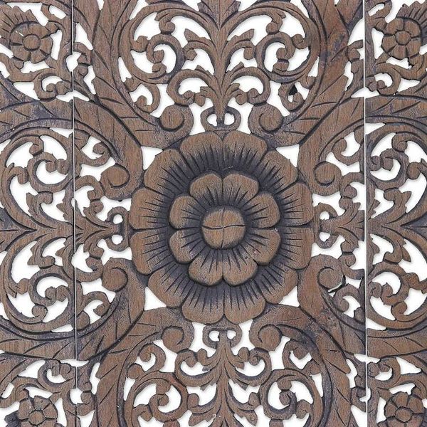 Alternate image for 3 Reclaimed Teak Wood Relief Panels Hand-carved in Thailand Flora Charm