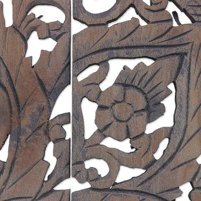 Alternate image for 3 Reclaimed Teak Wood Relief Panels Hand-carved in Thailand Flora Charm