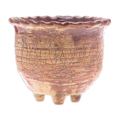 Alternate image for Handcrafted Crackled-Finish Earthy Brown Ceramic Flower Pot Earth Steps
