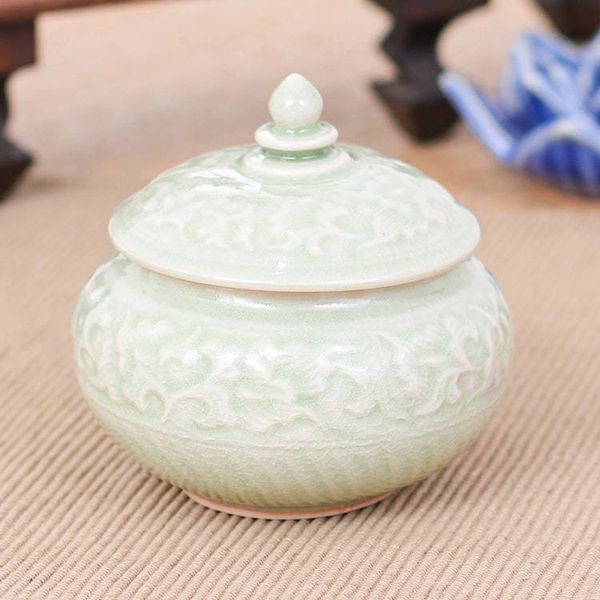 Alternate image for Thai Celadon Ceramic Decorative Leaf-Themed Jar in Green Luxurious Green