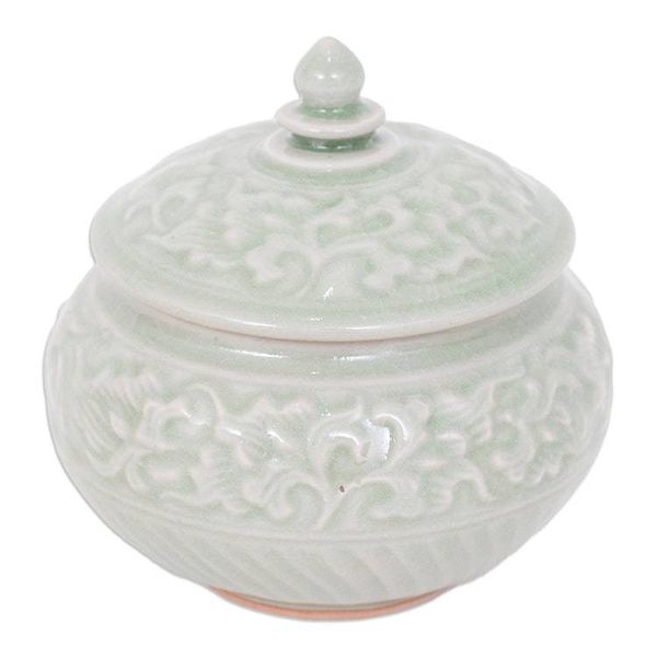 Alternate image for Thai Celadon Ceramic Decorative Leaf-Themed Jar in Green Luxurious Green