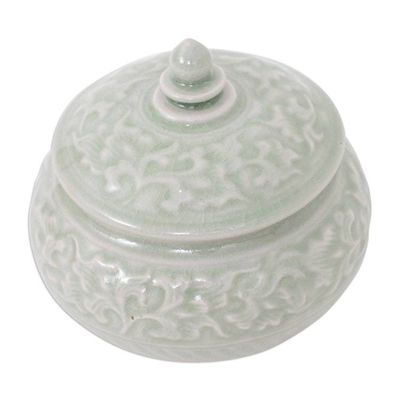 Alternate image for Thai Celadon Ceramic Decorative Leaf-Themed Jar in Green Luxurious Green