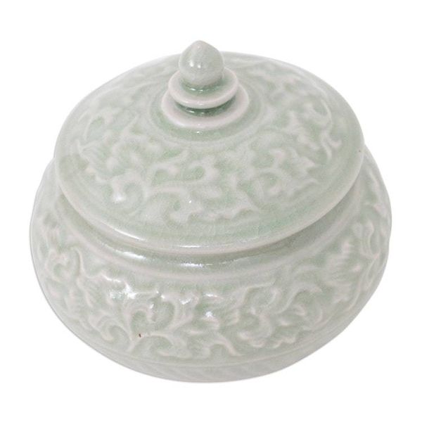 Alternate image for Thai Celadon Ceramic Decorative Leaf-Themed Jar in Green Luxurious Green
