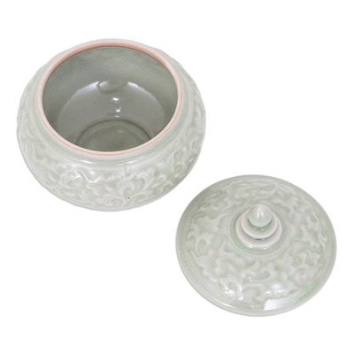 Alternate image for Thai Celadon Ceramic Decorative Leaf-Themed Jar in Green Luxurious Green