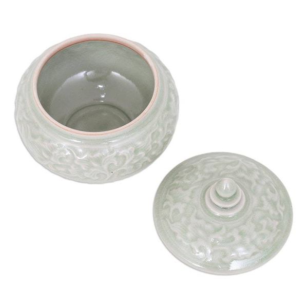 Alternate image for Thai Celadon Ceramic Decorative Leaf-Themed Jar in Green Luxurious Green