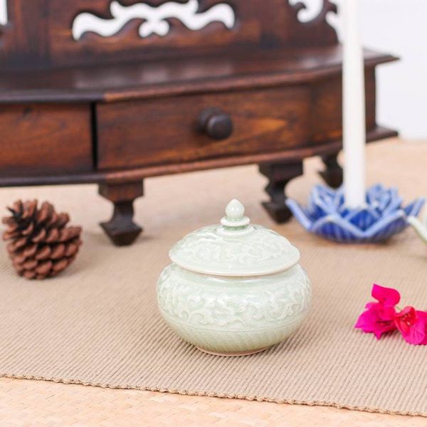 Alternate image for Thai Celadon Ceramic Decorative Leaf-Themed Jar in Green Luxurious Green